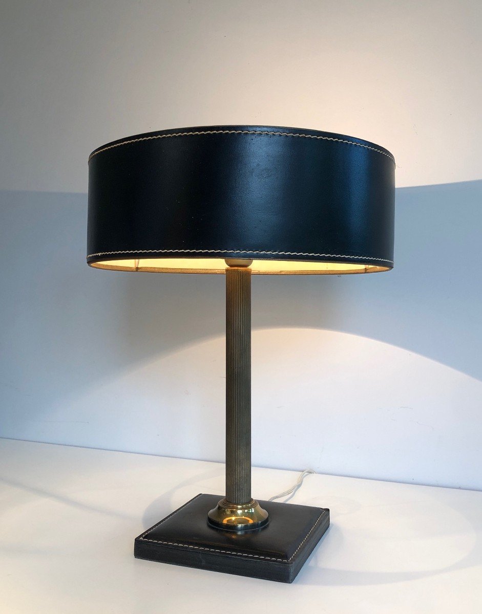 Black Leather And Brass Desk Lamp. French Work In The Style Of Jacques Adnet. Circa 1970-photo-2