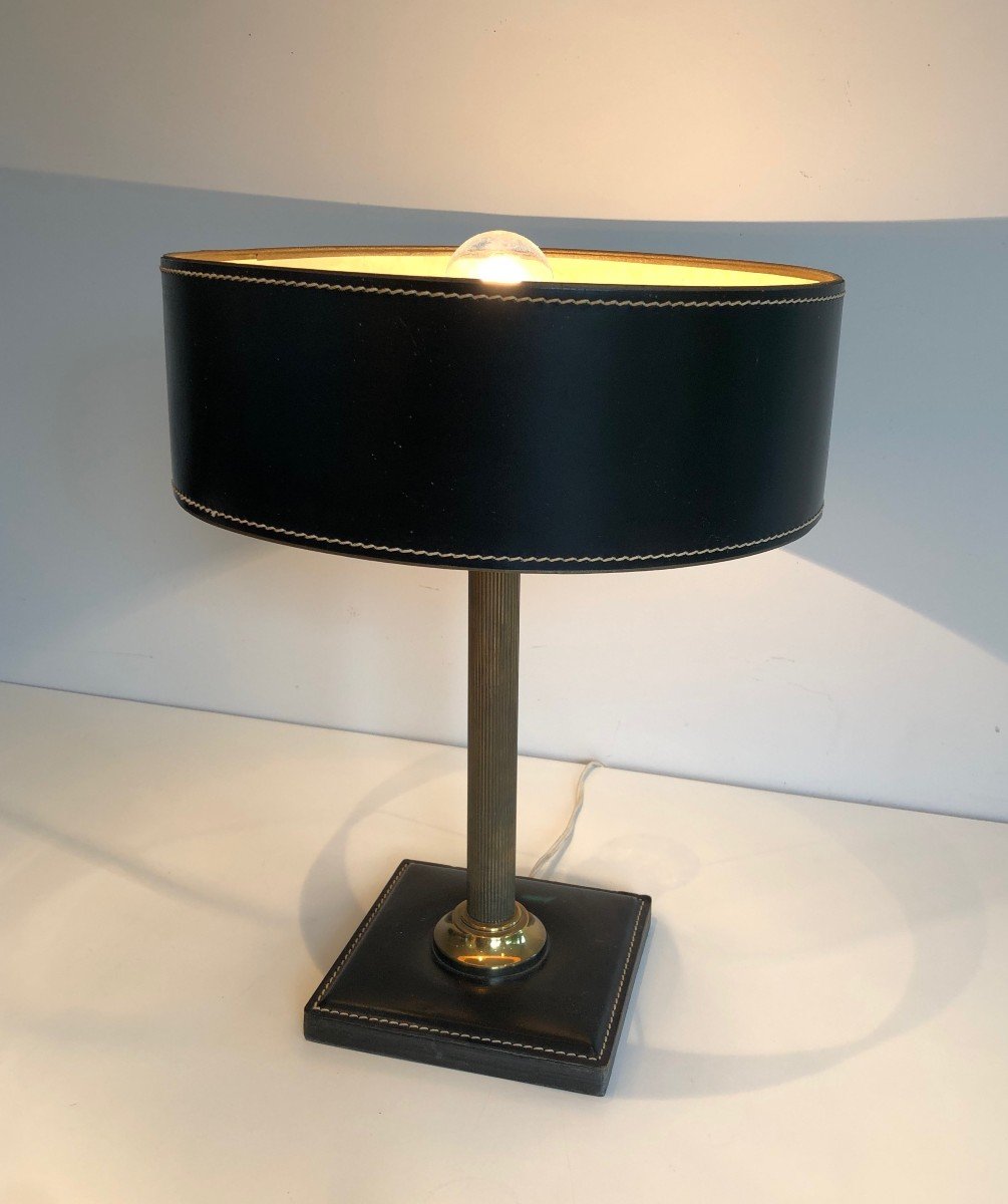 Black Leather And Brass Desk Lamp. French Work In The Style Of Jacques Adnet. Circa 1970-photo-3