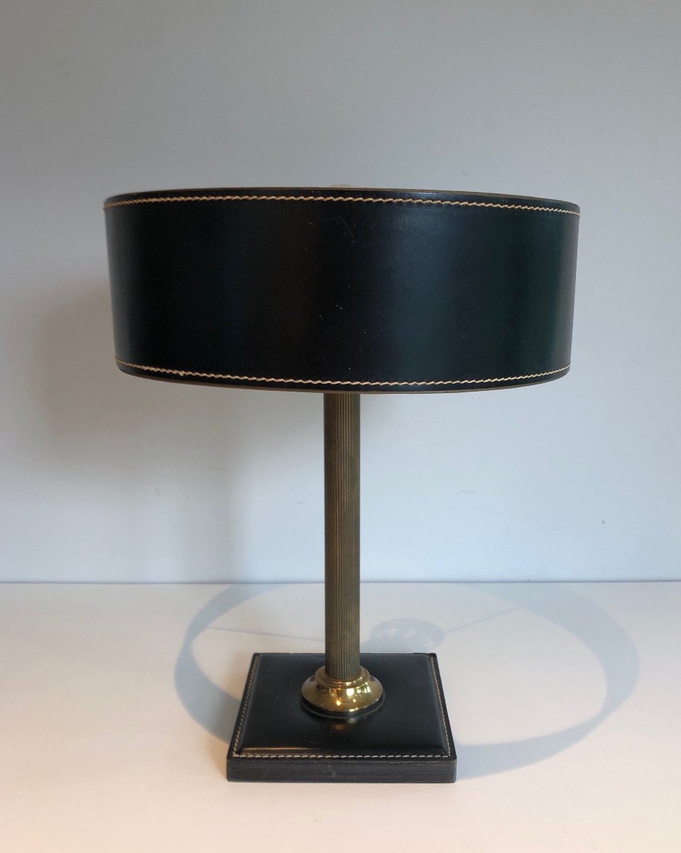 Black Leather And Brass Desk Lamp. French Work In The Style Of Jacques Adnet. Circa 1970-photo-3