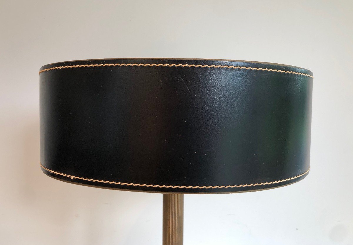 Black Leather And Brass Desk Lamp. French Work In The Style Of Jacques Adnet. Circa 1970-photo-5