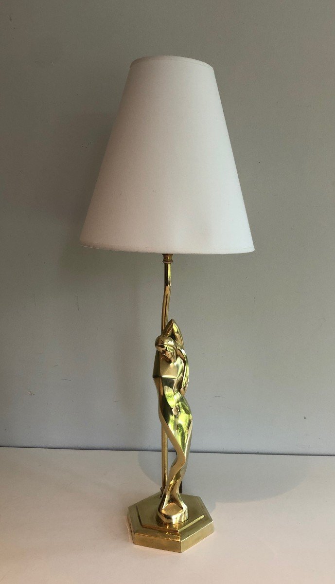 Brass Table Lamp Representing A Stylished Woman. French Work In The Art Deco Style. Circa 1970-photo-8