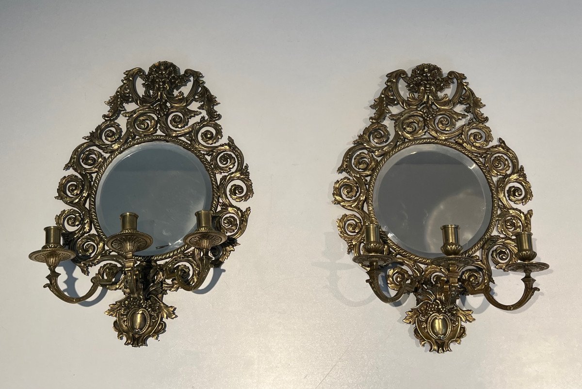 Large Pair Of 3 Arms Louis The 14th Chiseled Bronze Wall Lights With A Mirror On Its Center-photo-2