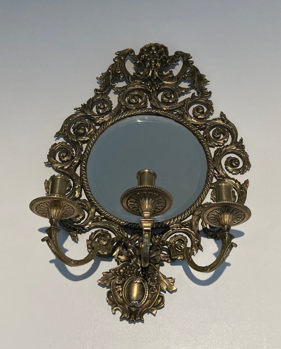 Large Pair Of 3 Arms Louis The 14th Chiseled Bronze Wall Lights With A Mirror On Its Center-photo-2