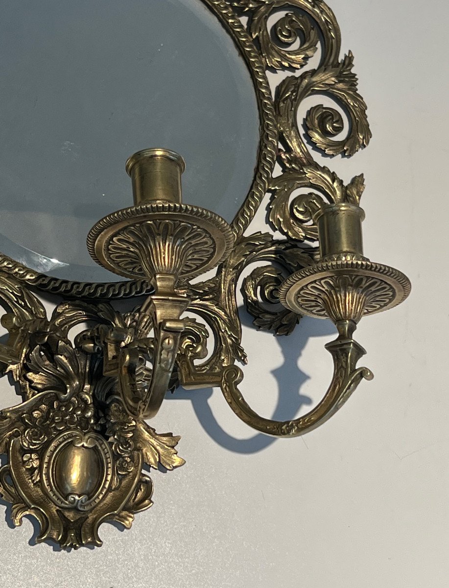 Large Pair Of 3 Arms Louis The 14th Chiseled Bronze Wall Lights With A Mirror On Its Center-photo-6