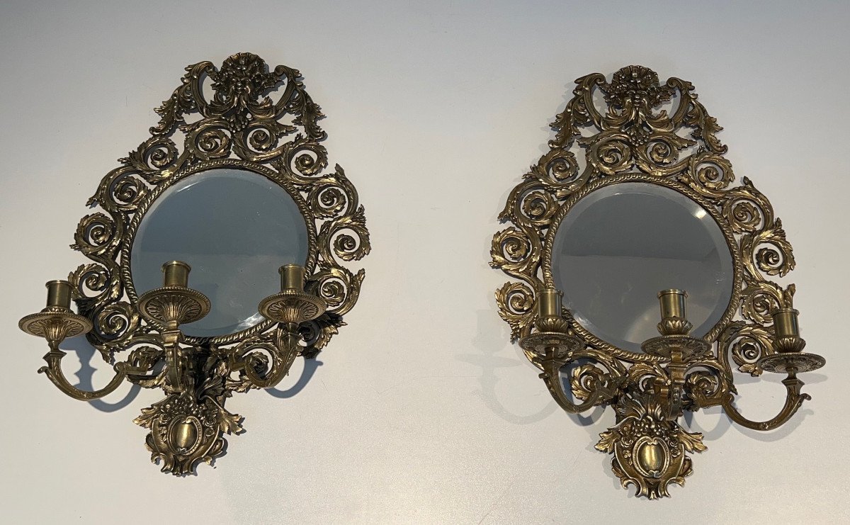 Large Pair Of 3 Arms Louis The 14th Chiseled Bronze Wall Lights With A Mirror On Its Center-photo-8