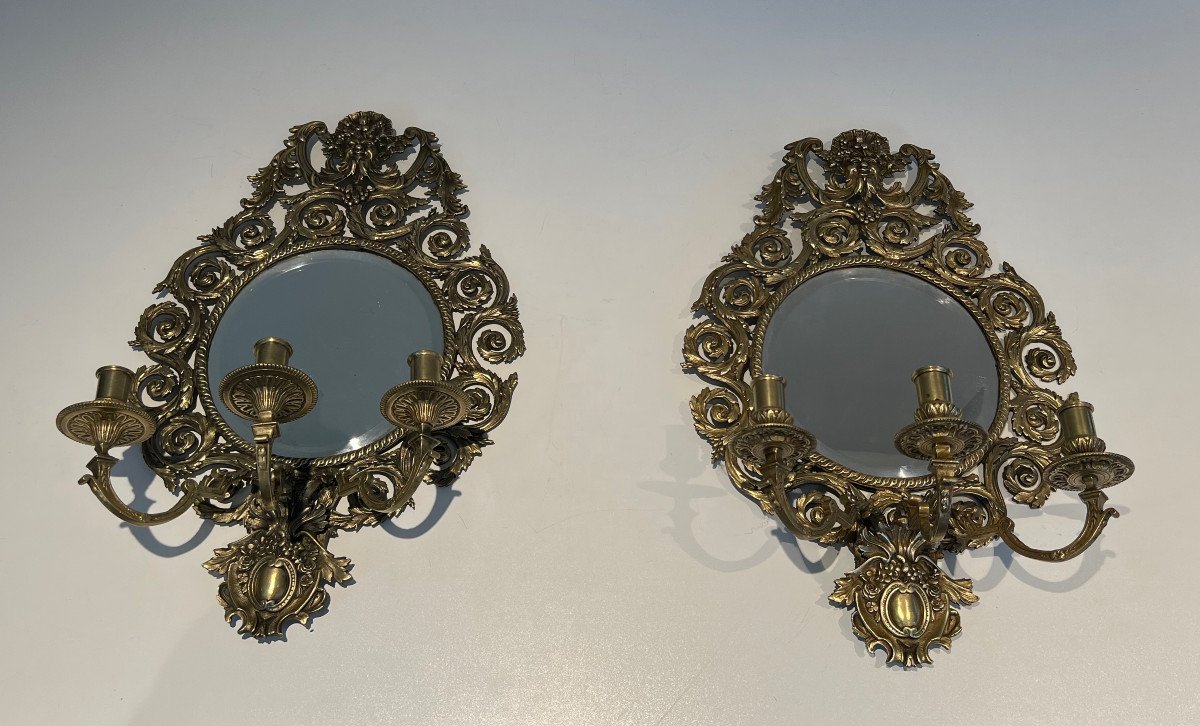 Large Pair Of 3 Arms Louis The 14th Chiseled Bronze Wall Lights With A Mirror On Its Center