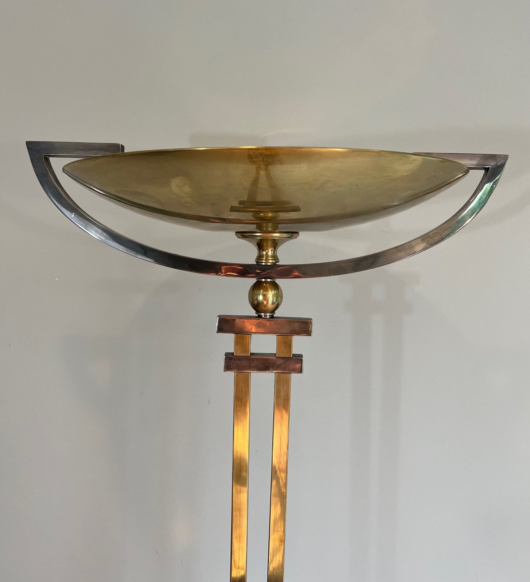 Steel And Brass Floor Lamp, Standing On A Black Marble Base-photo-2