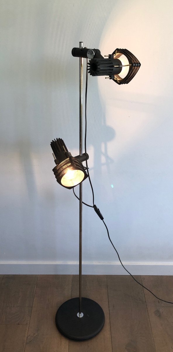 Chrome And Black Lacquered Design Floor Lamp With Adjustable Lights. French Work. Circa 1980-photo-2