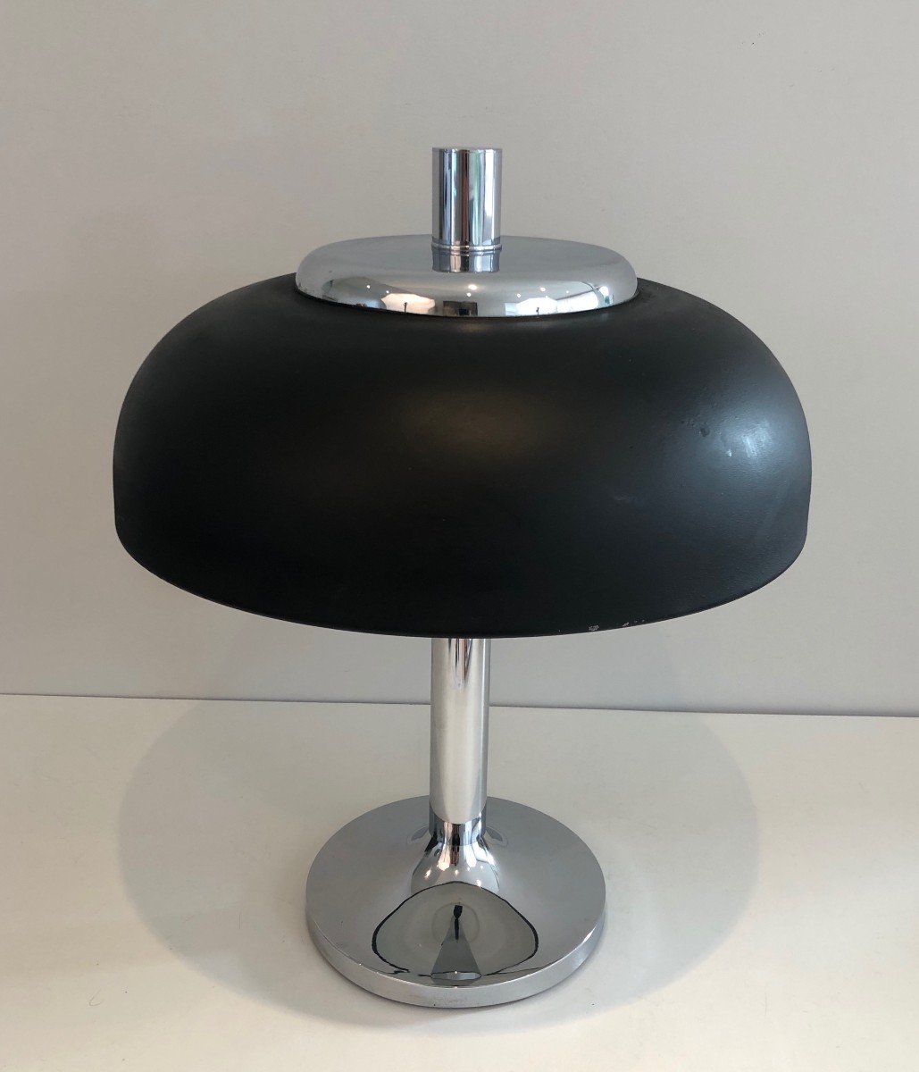 Importante Lampe Design En Chrome Et Abat-jour Rond En Métal Laqué Noir. Travail Français. 1950-photo-2