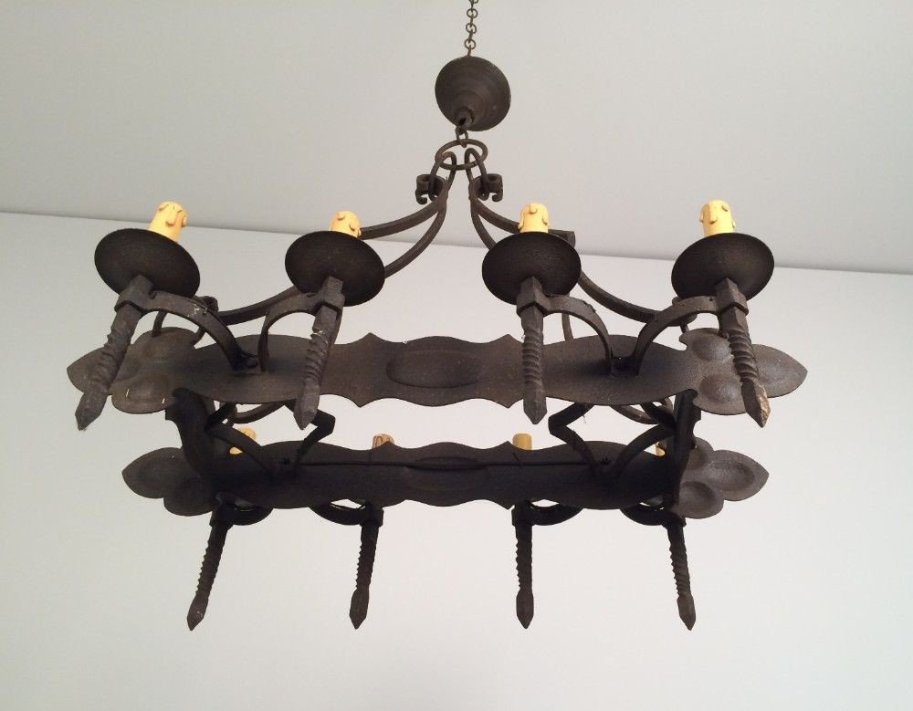 Neo-gothic 8 Lights Wrought Iron Chandelier. A Pair Is Available. French. Circa 1950-photo-2