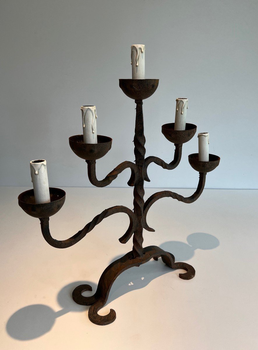 5 Lights Wrought Iron Candlestick 5 Lights Wrought Iron Candlestick. French Work. Circa 1950-photo-4