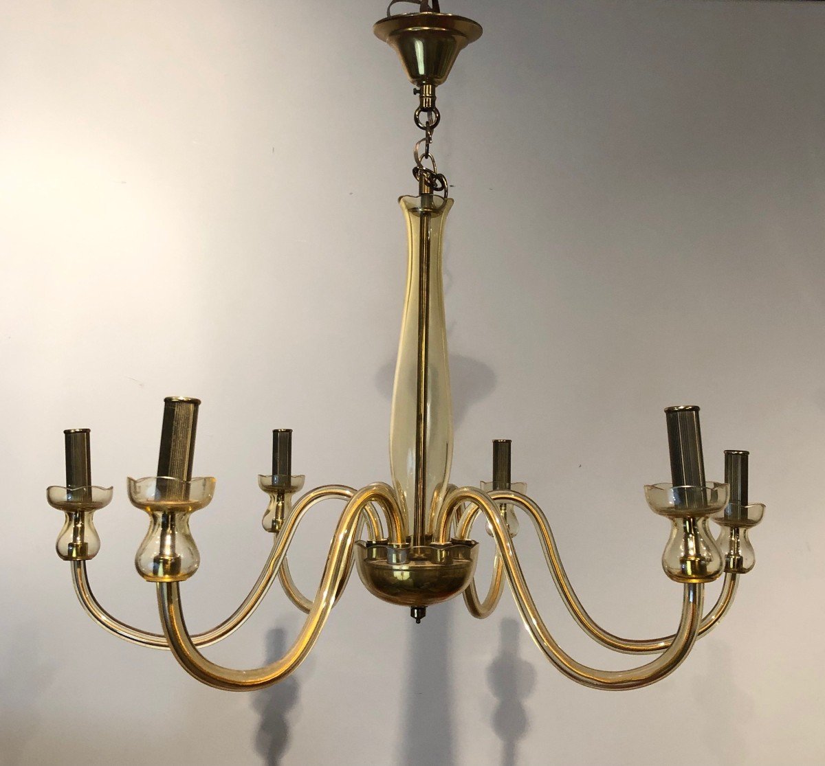 Pair Of Champagne Colored Murano Crystal Chandeliers. Italian Work. Around 1970-photo-1
