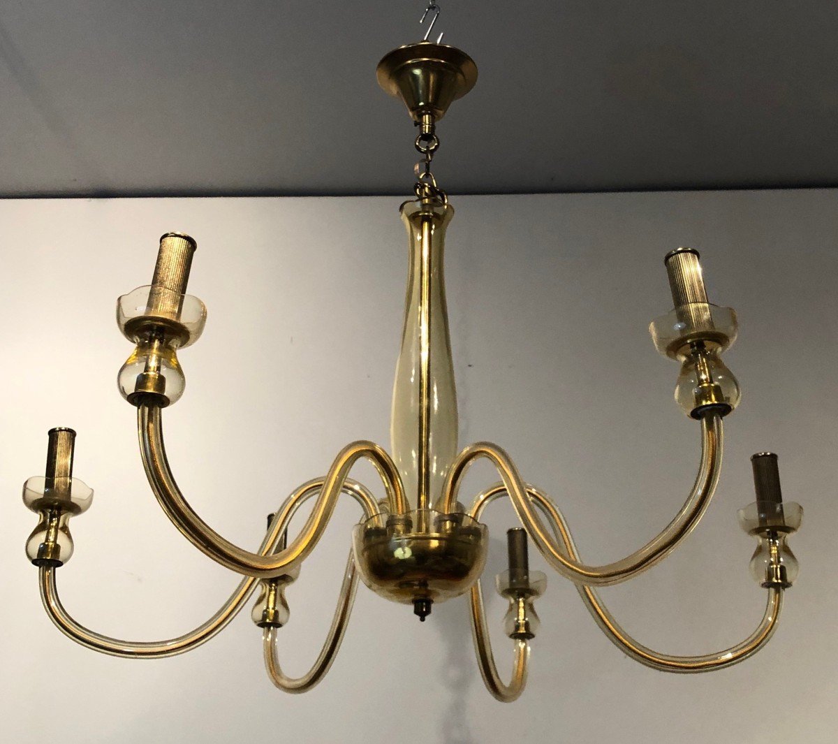 Pair Of Champagne Colored Murano Crystal Chandeliers. Italian Work. Around 1970-photo-2