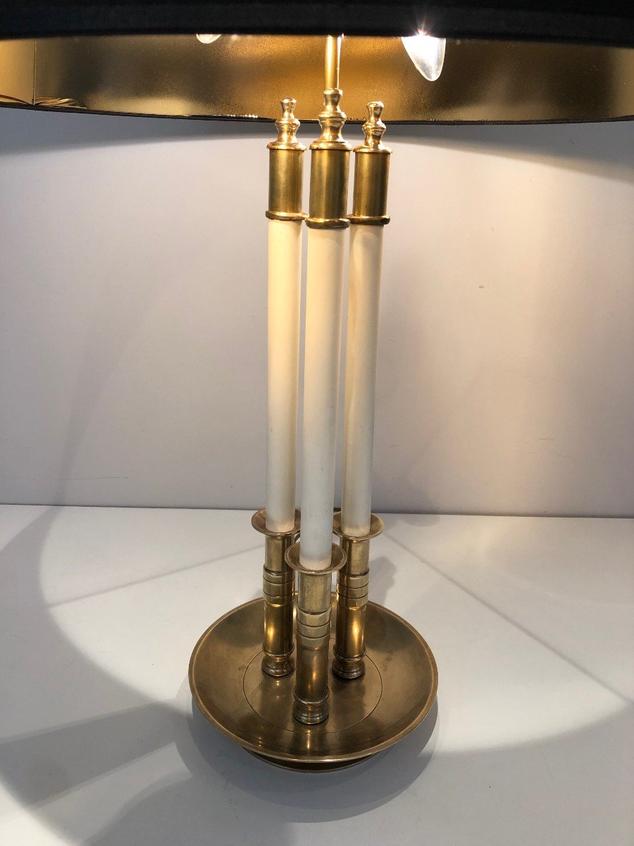 Paire De Lampes De Style Néoclassique En Laiton Composée De 3 Tubes Laqués Blancs. Vers 1940-photo-5