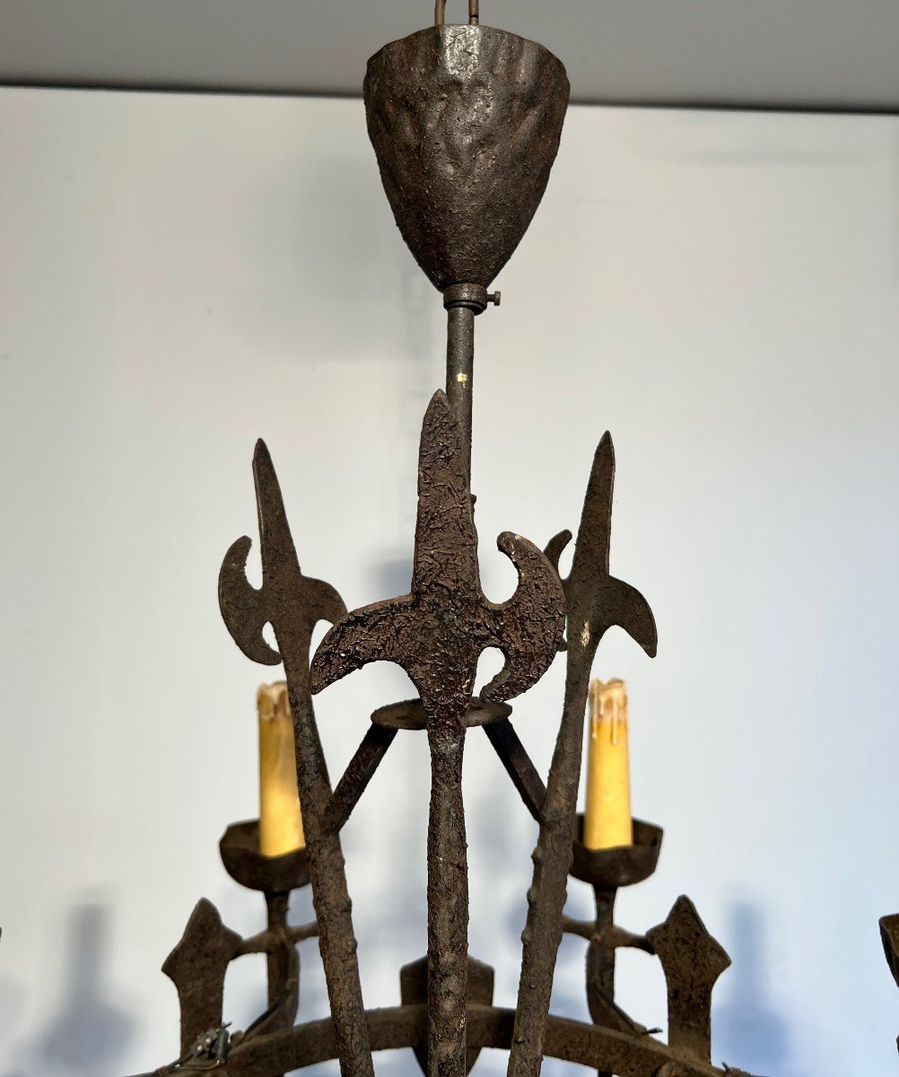 Rare Pair Of Gothic Style Wrought Iron Chandeliers With 8 Arms Of Light.-photo-2