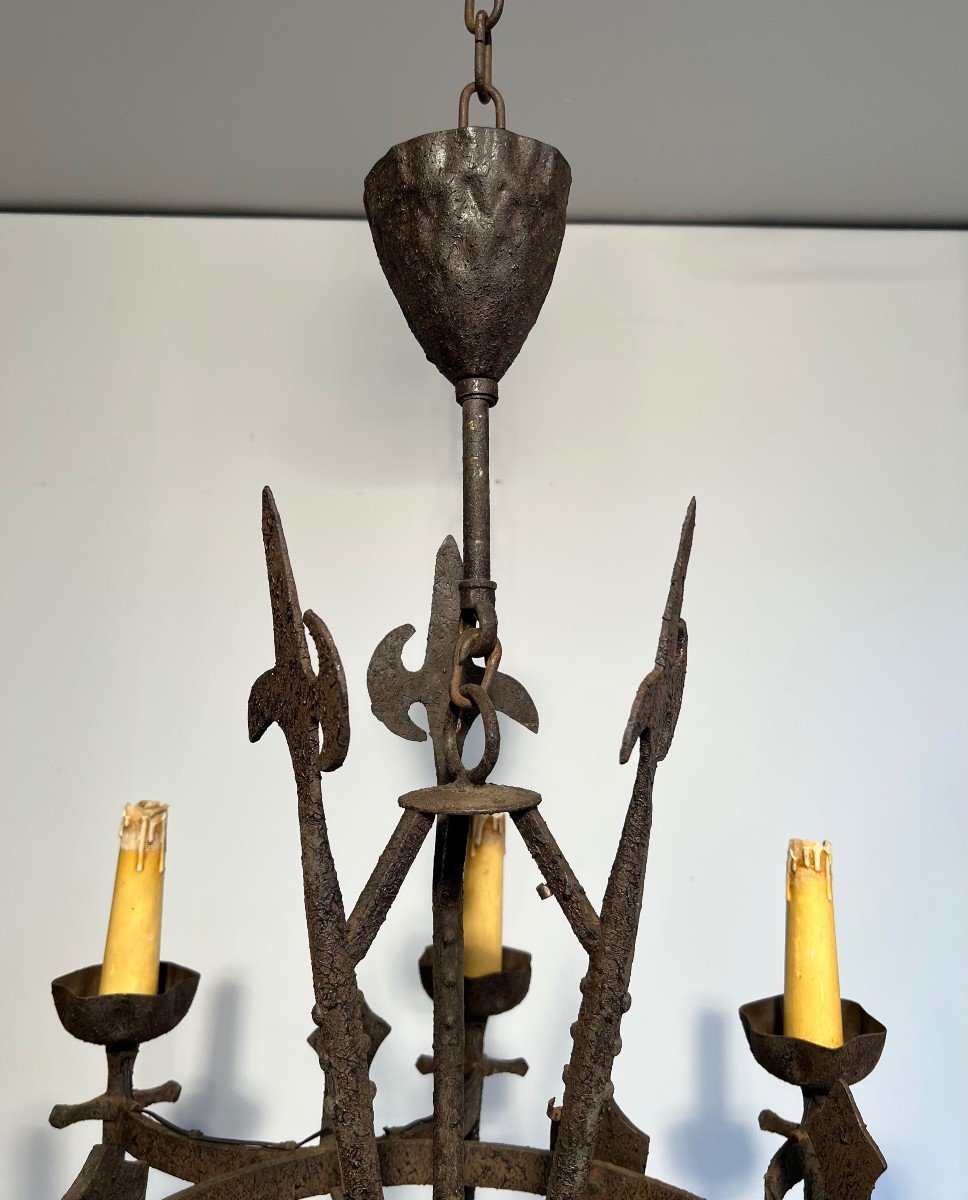 Rare Pair Of Gothic Style Wrought Iron Chandeliers With 8 Arms Of Light.-photo-4