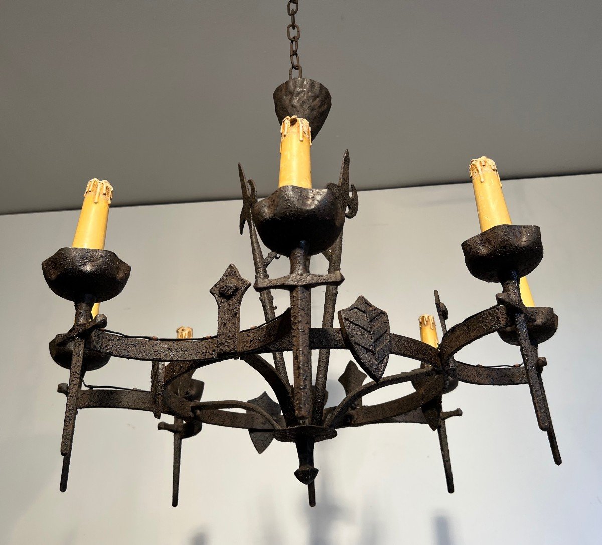 Rare Pair Of Gothic Style Wrought Iron Chandeliers With 8 Arms Of Light.-photo-6