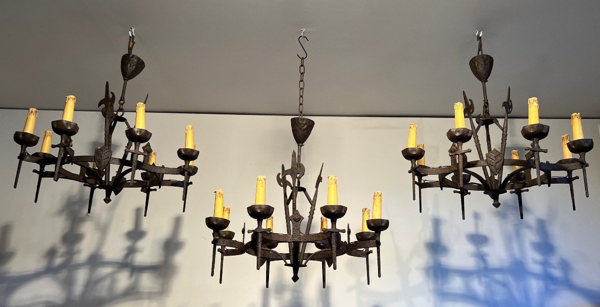 Rare Pair Of Gothic Style Wrought Iron Chandeliers With 8 Arms Of Light.-photo-7