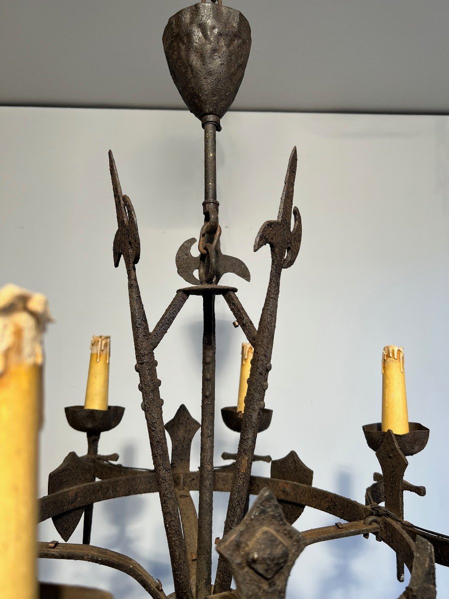 Gothic Style Wrought Iron Chandelier With 8 Arms Of Light. This Chandelier Is Part Of A Rare Set-photo-8