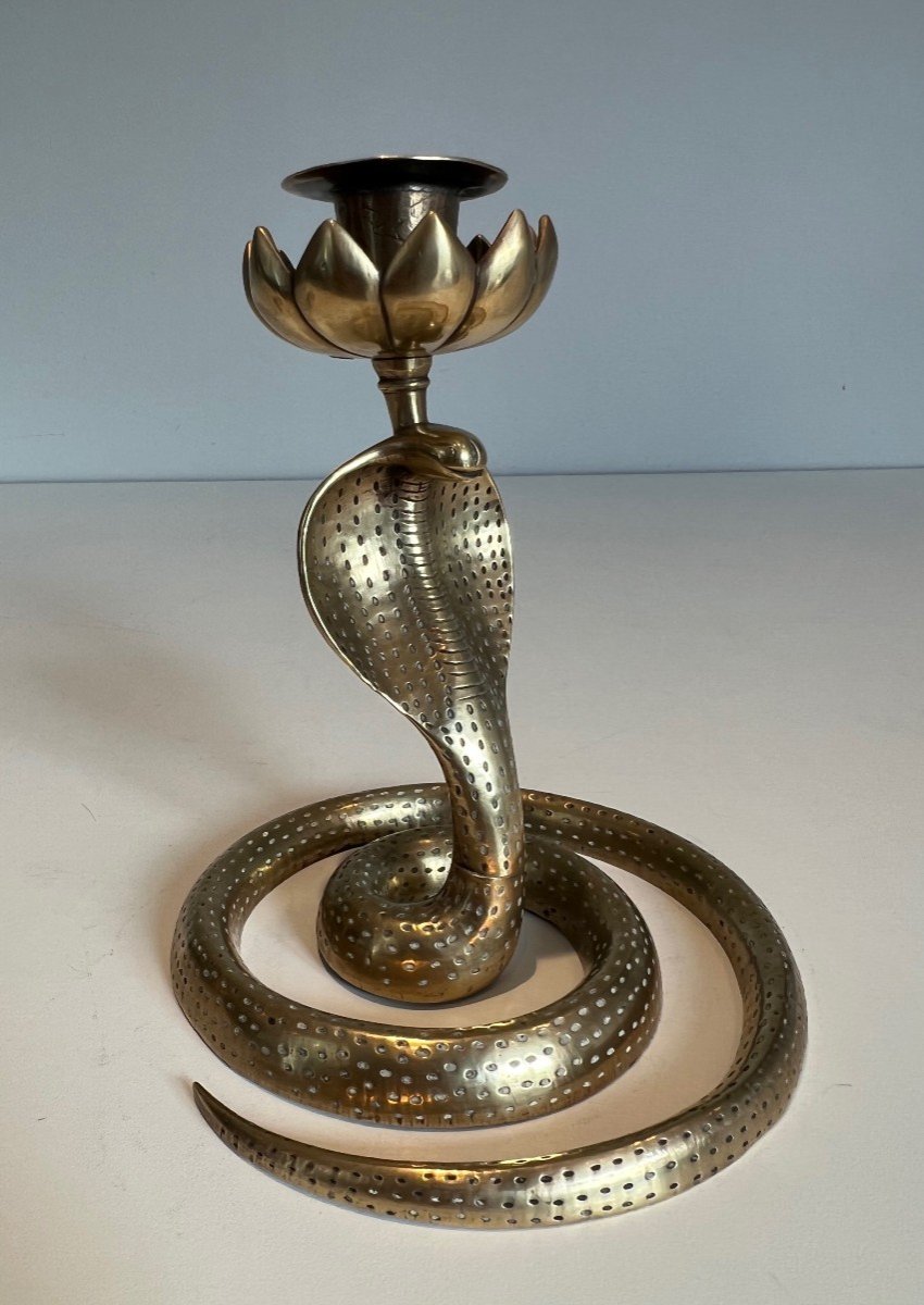 Pair Of Cobra Candlesticks In Chiseled Bronze. French Work. Around 1940-photo-2