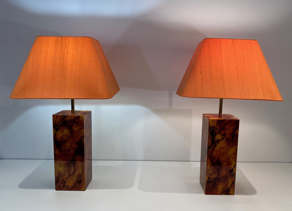 Pair Of Plexiglass Lamps Imitating Tortoise Shell. French Work. Around 1970-photo-4