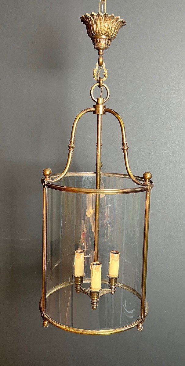 Important Neoclassical Style Round Brass And Glass Lantern. French Work. Circa 1970-photo-2