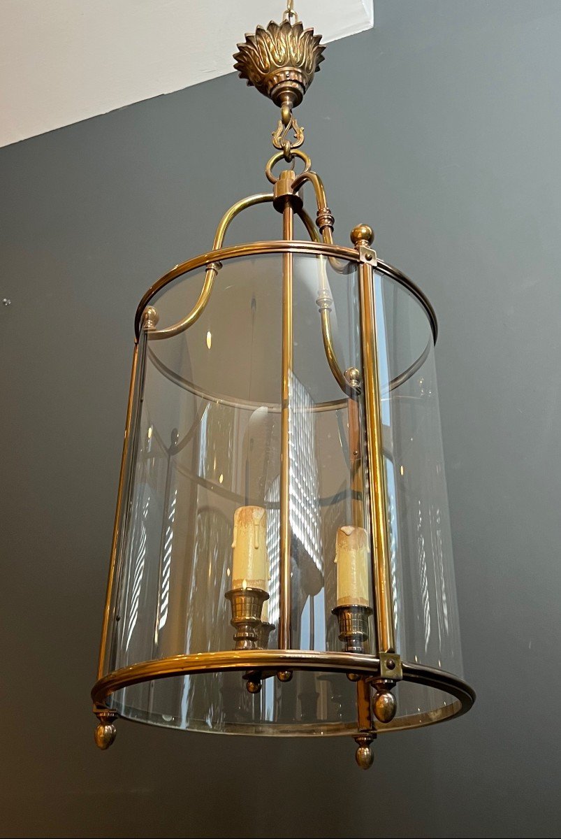 Important Neoclassical Style Round Brass And Glass Lantern. French Work. Circa 1970-photo-4