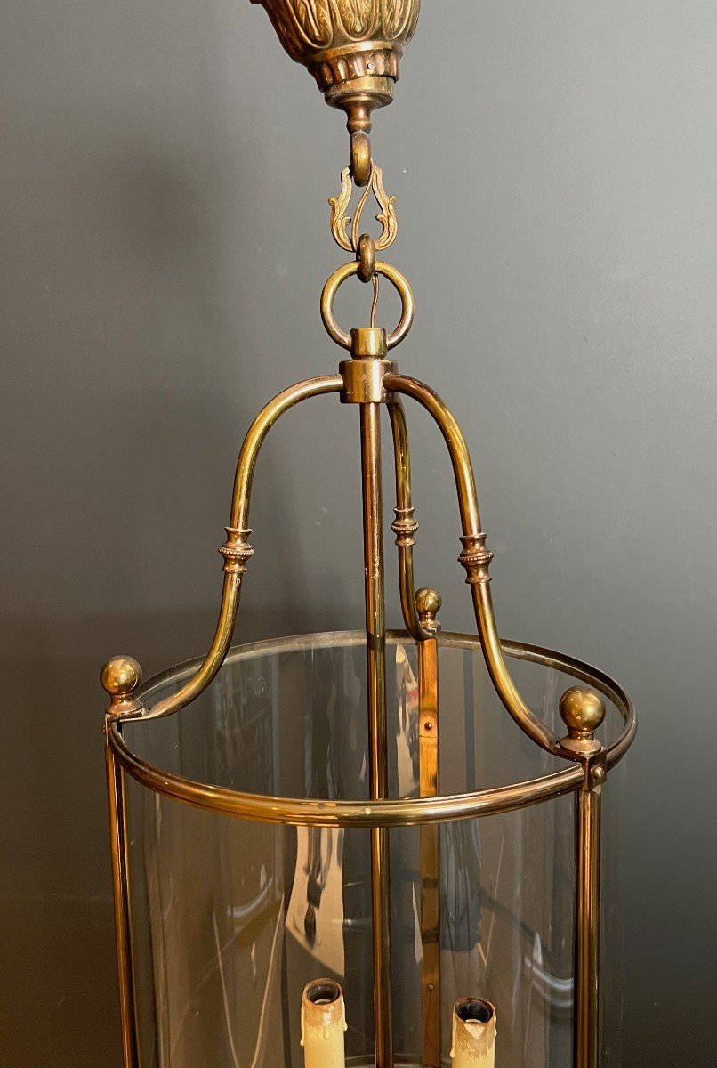 Important Neoclassical Style Round Brass And Glass Lantern. French Work. Circa 1970-photo-3