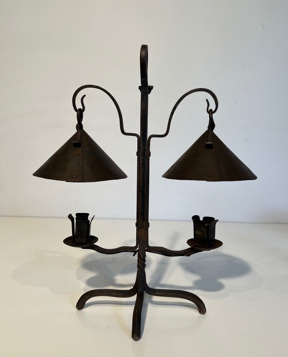 Wrought Iron Candlestick With Two Lights Topped With Riveted Conical Cups. French Work.-photo-2