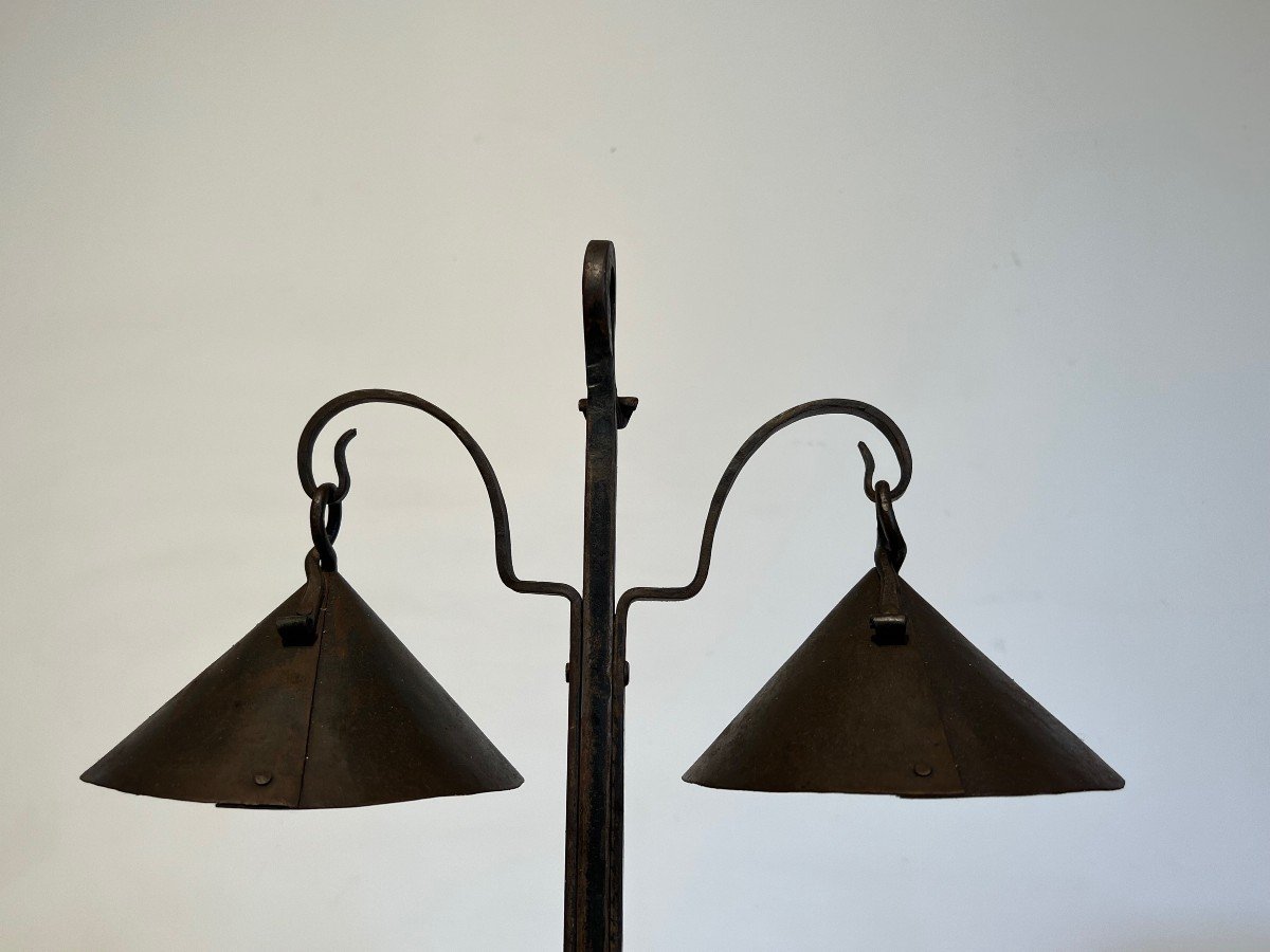 Wrought Iron Candlestick With Two Lights Topped With Riveted Conical Cups. French Work.-photo-4