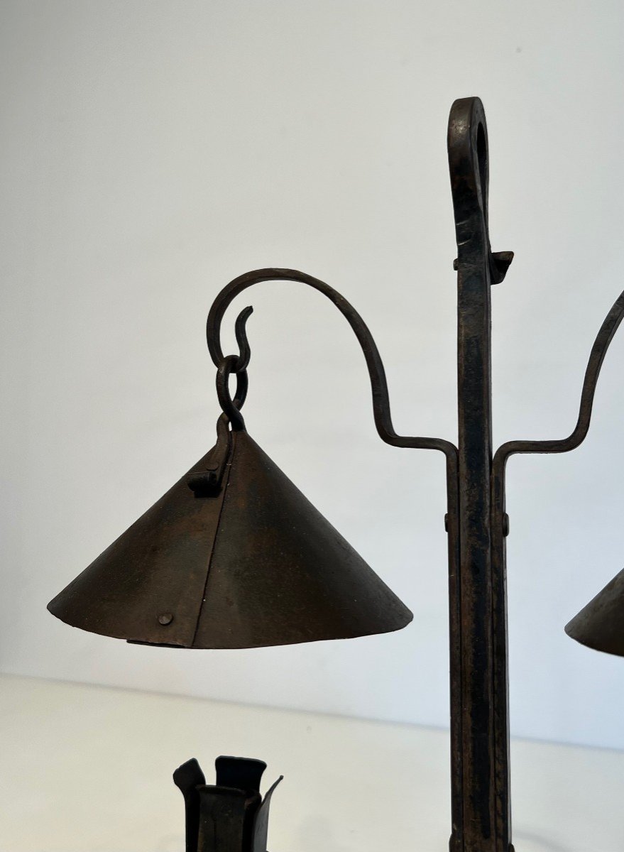 Wrought Iron Candlestick With Two Lights Topped With Riveted Conical Cups. French Work.-photo-1