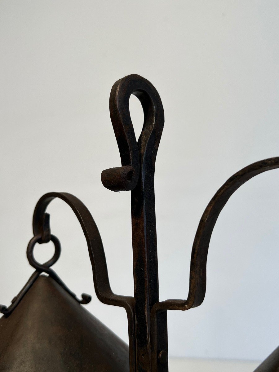 Wrought Iron Candlestick With Two Lights Topped With Riveted Conical Cups. French Work.-photo-5