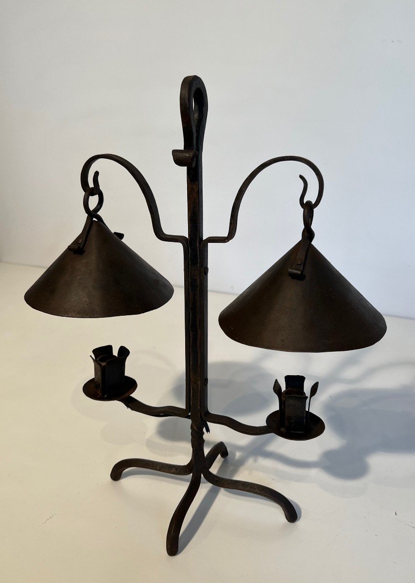 Wrought Iron Candlestick With Two Lights Topped With Riveted Conical Cups. French Work.-photo-8