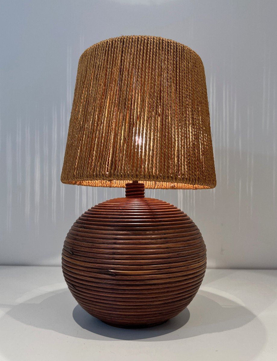 Round Rattan Lamp With Rope Shade. French Work In The Style Of Adrien Adoux And Frida Minet-photo-2