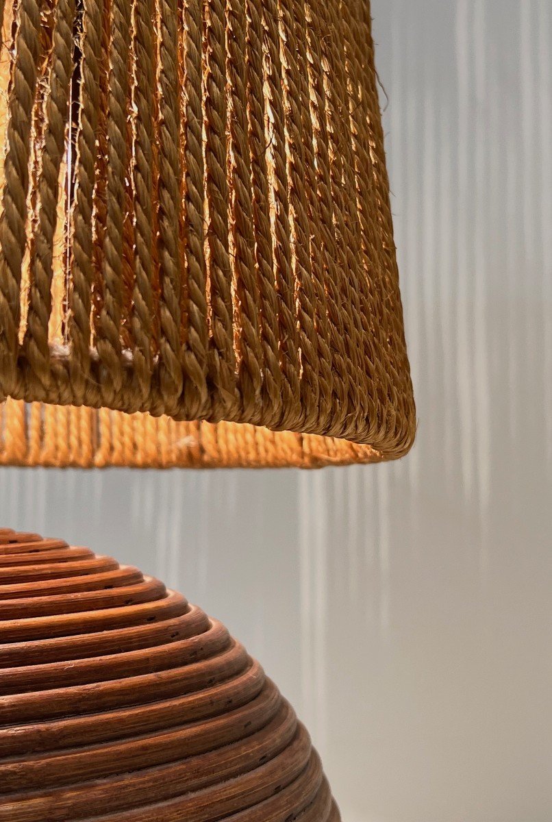 Round Rattan Lamp With Rope Shade. French Work In The Style Of Adrien Adoux And Frida Minet-photo-2