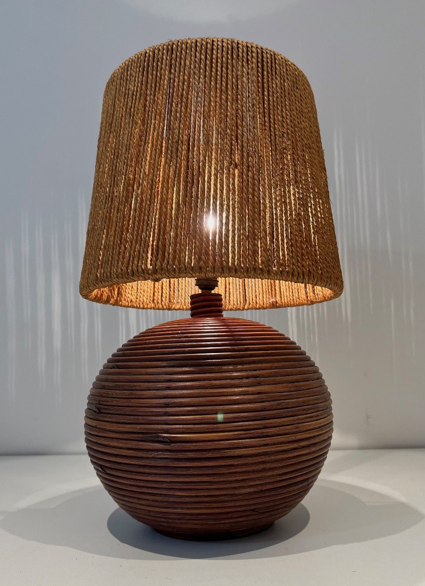 Round Rattan Lamp With Rope Shade. French Work In The Style Of Adrien Adoux And Frida Minet-photo-7