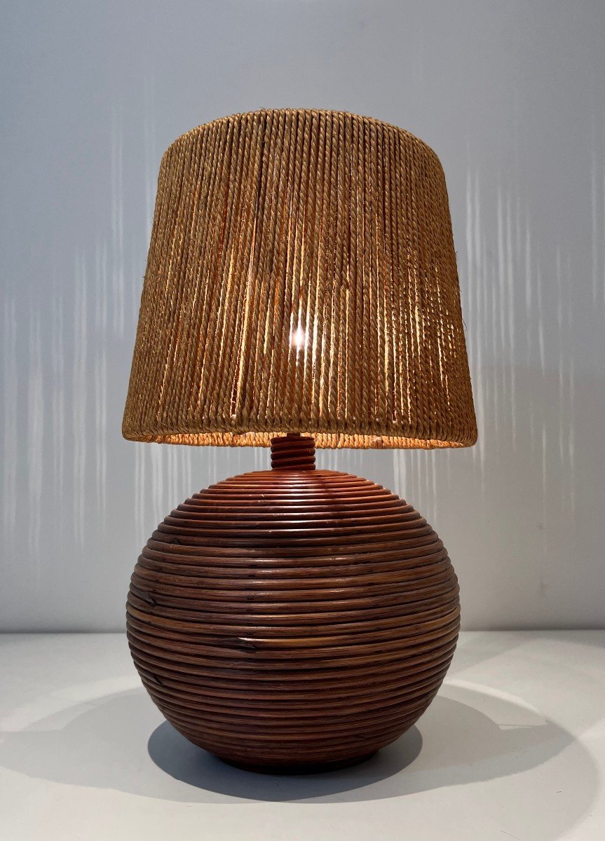 Round Rattan Lamp With Rope Shade. French Work In The Style Of Adrien Adoux And Frida Minet-photo-8