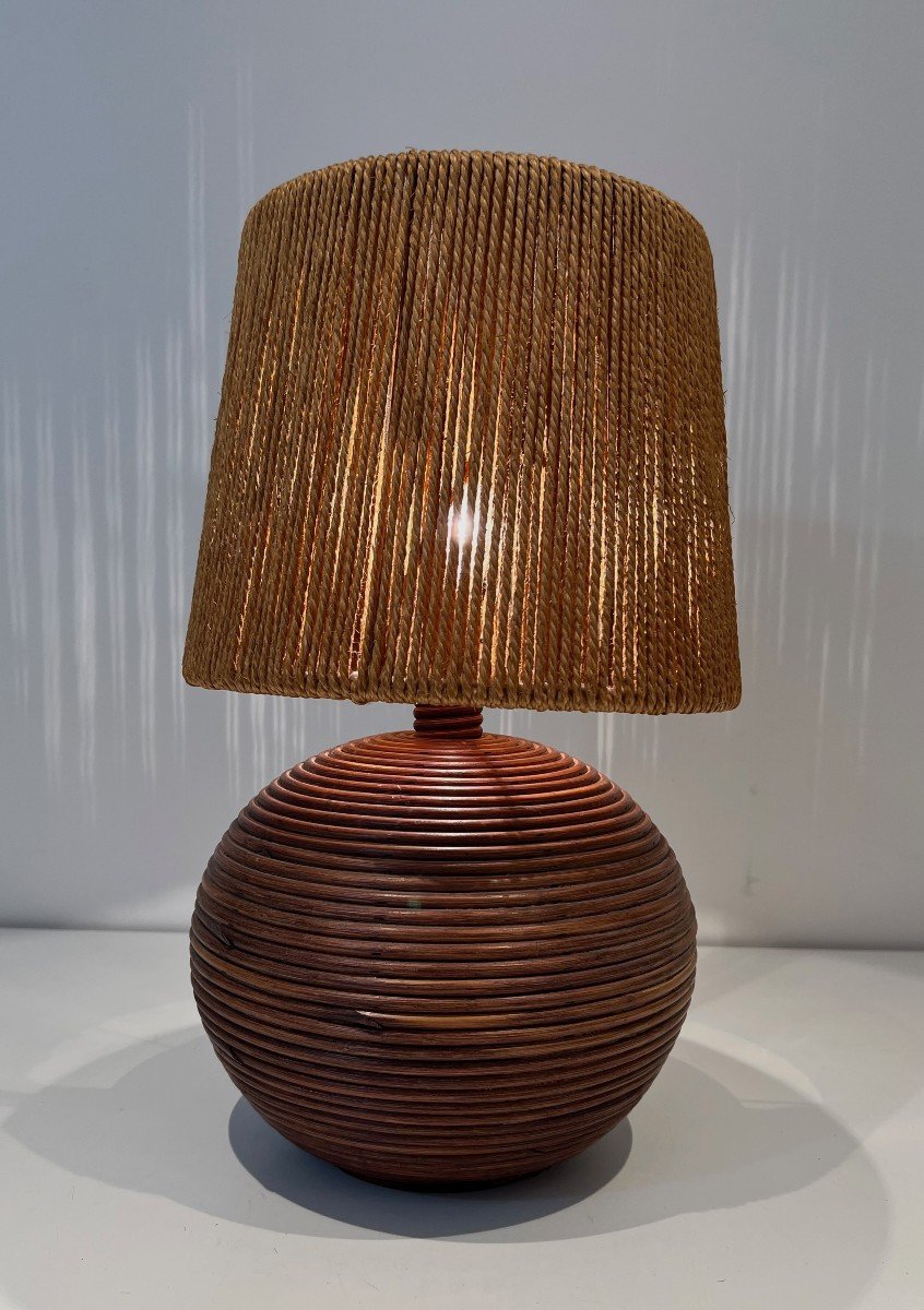 Round Rattan Lamp With Rope Shade. French Work In The Style Of Adrien Adoux And Frida Minet