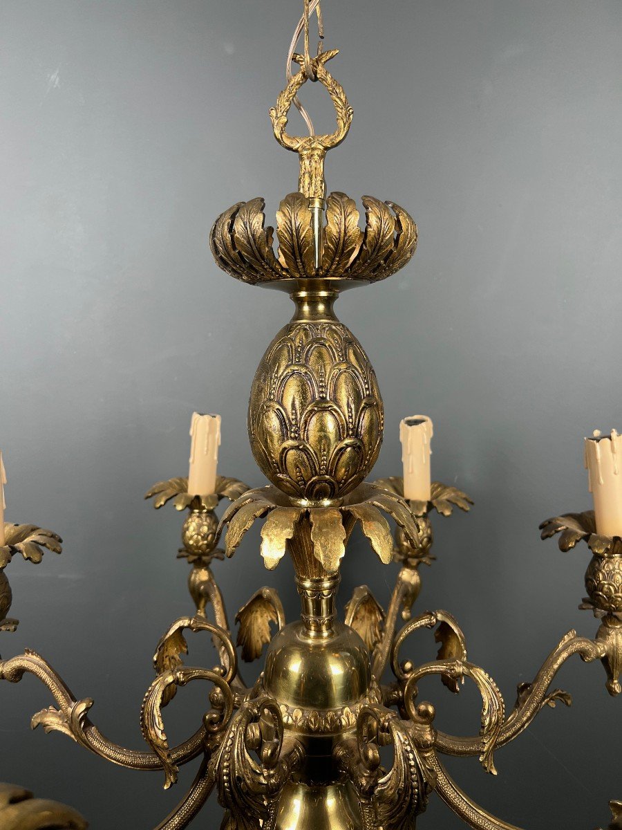 Lustre Ananas En Bronze à 8 Bras De Lumière. Travail Français Dans Le Goût De La Maison Charles-photo-2