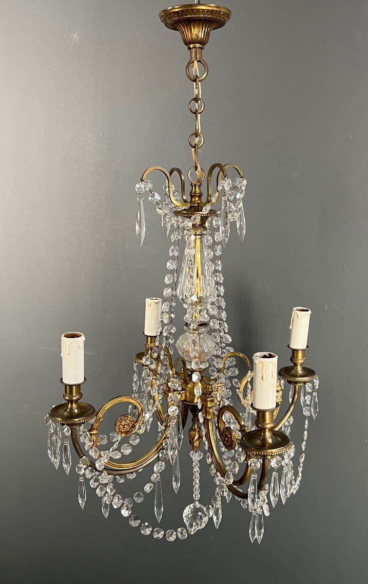 Lustre En Bronze à Cristaux. Travail Français De Style Louis XVI. Vers 1900