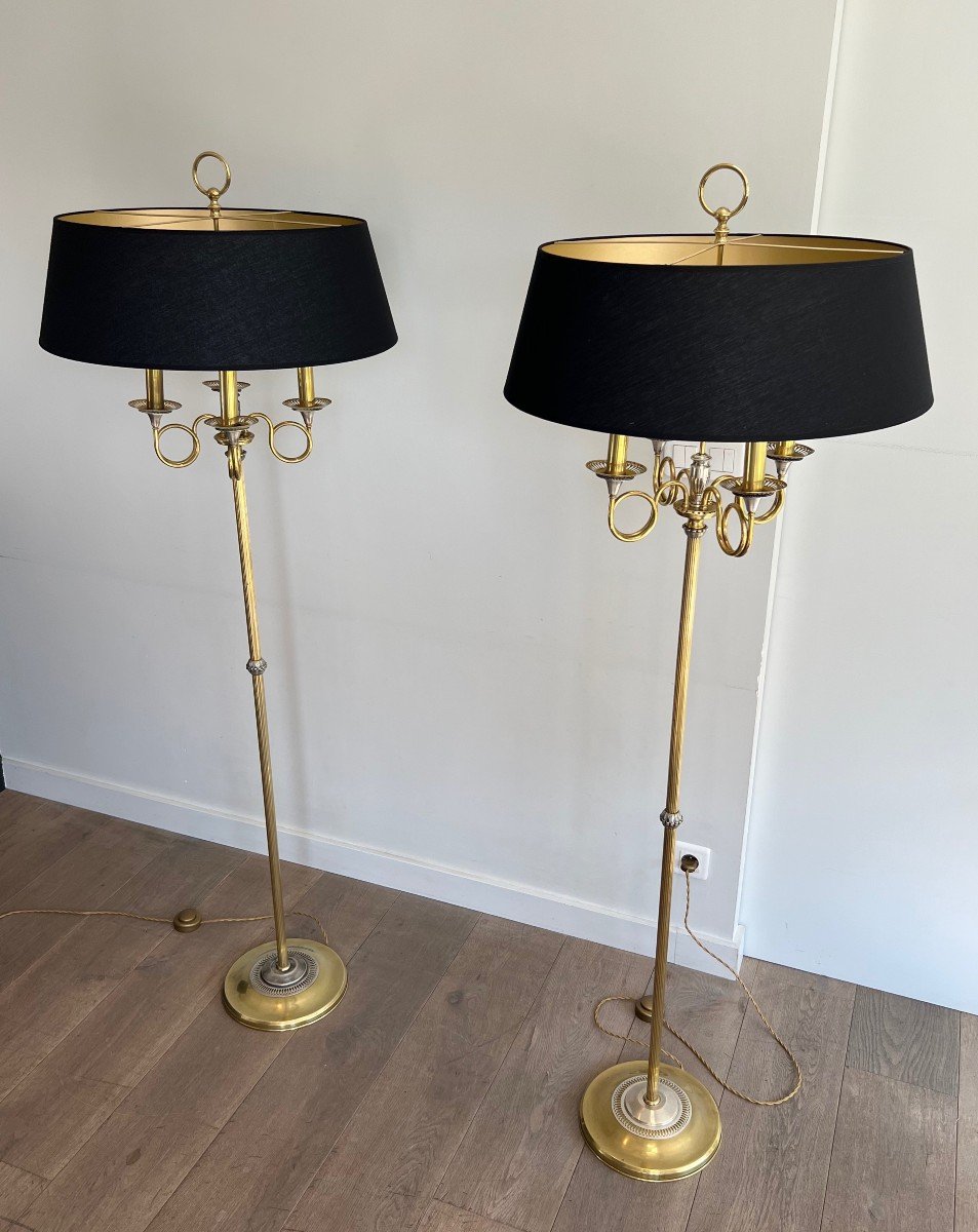 Pair Of Neoclassical Brushed Steel And Brass Floor Lamp With Hunting Horns. French Work -photo-2