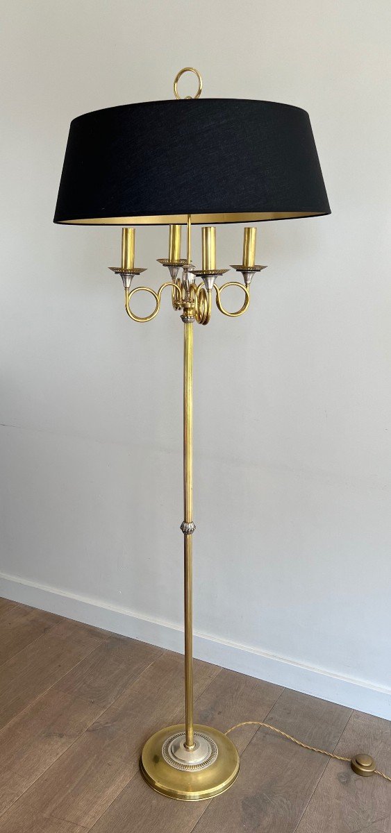 Pair Of Neoclassical Brushed Steel And Brass Floor Lamp With Hunting Horns. French Work -photo-1