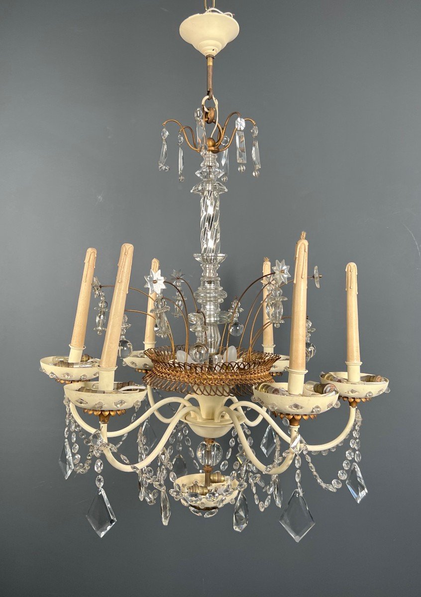 Lustre En Tôle Laquée Coquille d'Oeuf Et Métal Doré, Orné De Cristaux Taillés En Forme d'étoile-photo-1