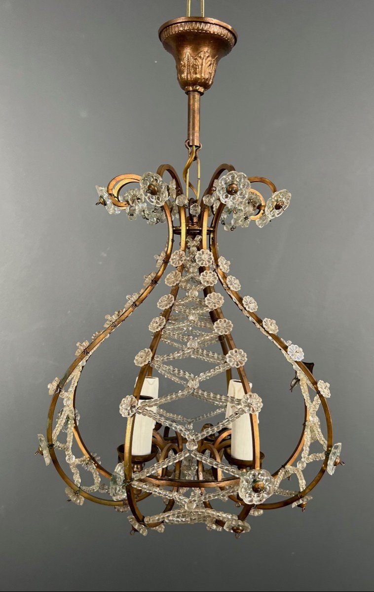 Small Brass Chandelier With Crystal Garlands. French Work In The Style Of Maison Baguès-photo-7