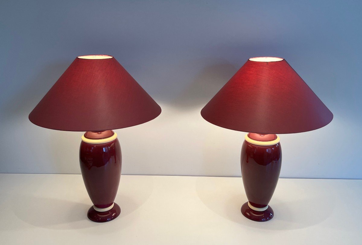 Pair Of Ceramic Lamps In Pink And Cream Tones. French Work. Around 1970-photo-2