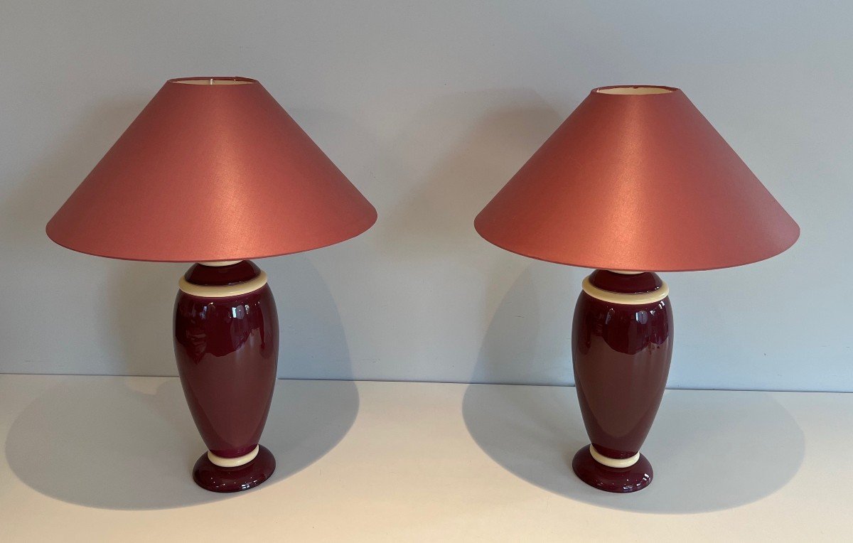 Pair Of Ceramic Lamps In Pink And Cream Tones. French Work. Around 1970-photo-5
