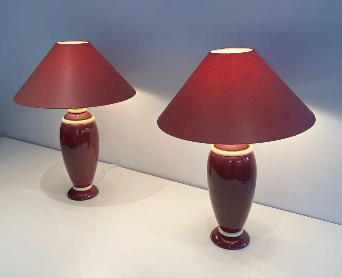 Pair Of Ceramic Lamps In Pink And Cream Tones. French Work. Around 1970-photo-6