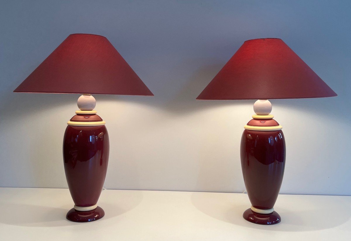 Pair Of Ceramic Lamps In Pink And Cream Tones. French Work. Around 1970-photo-7