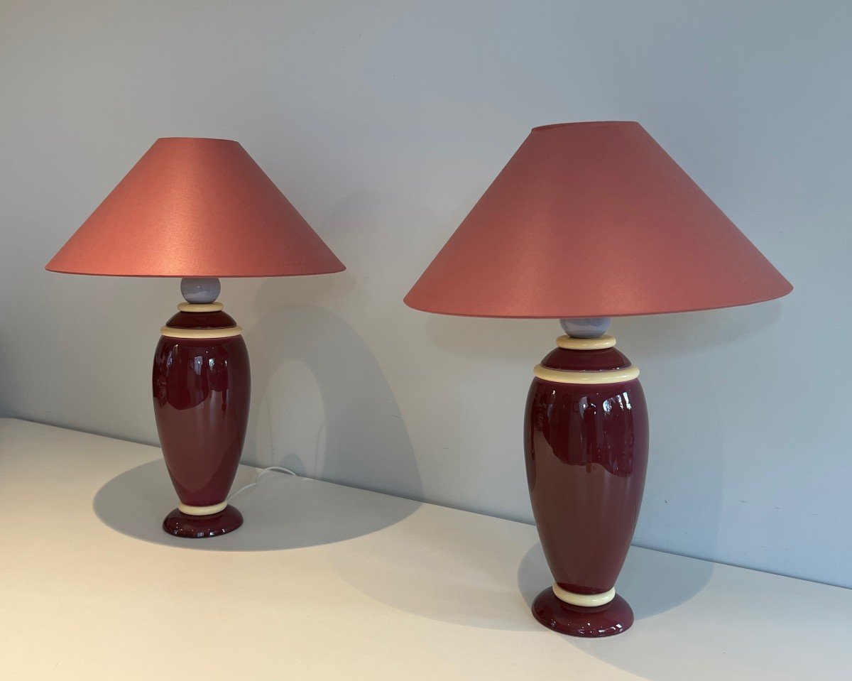 Pair Of Ceramic Lamps In Pink And Cream Tones. French Work. Around 1970-photo-8