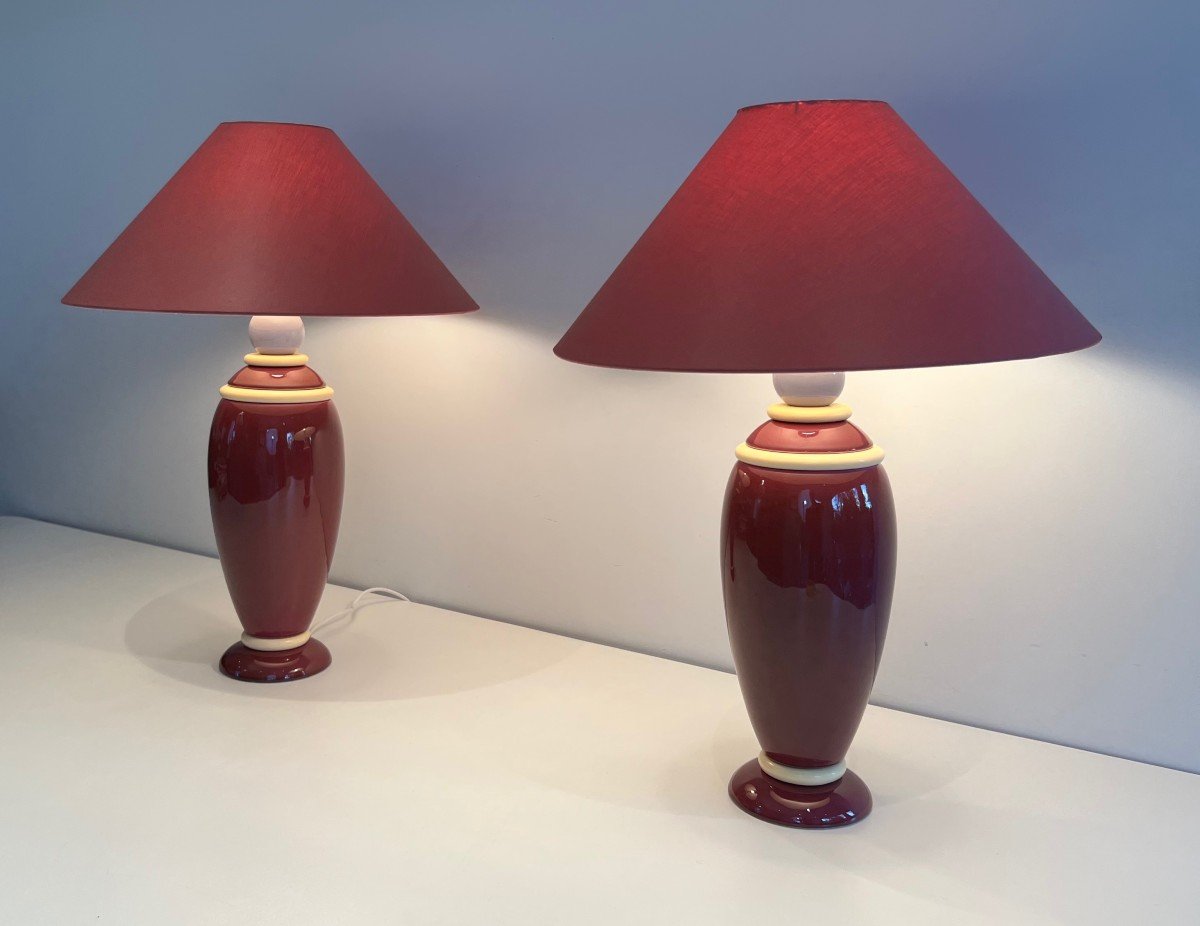 Pair Of Ceramic Lamps In Pink And Cream Tones. French Work. Around 1970